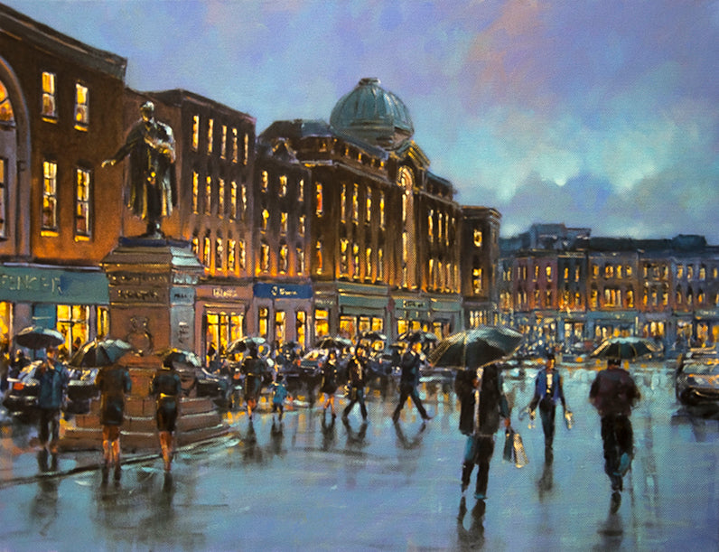 A painting of Patrick Street, Cork as the evening sky darkens with rain