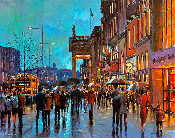 A painting of the hustle and bustle of city centre Dublin