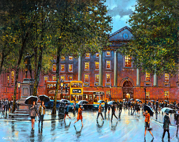 A painting of people strolling around Trinity College area