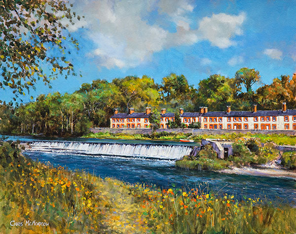 A painting of cottages by a weir in Lucan, Co Dublin