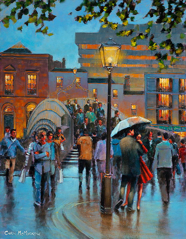 Painting of a couple in an embrace under an umbrella near the Halfpenny Bridge, Dublin