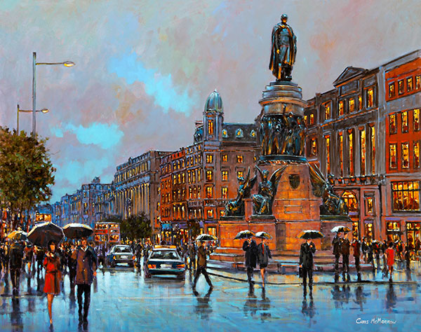 A painting of walkers crossing O'Connell Street, Dublin