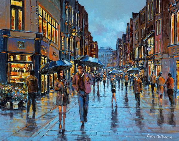A painting of a young couple walking together under umbrellas by the junction with Duke Street and the flower sellers on Grafton Street, Dublin city centre.