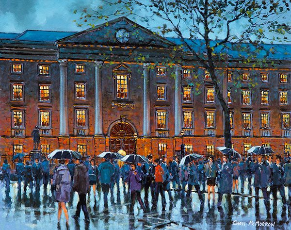 A painting of a crowd of people crossing in front of Trinity College, Dublin