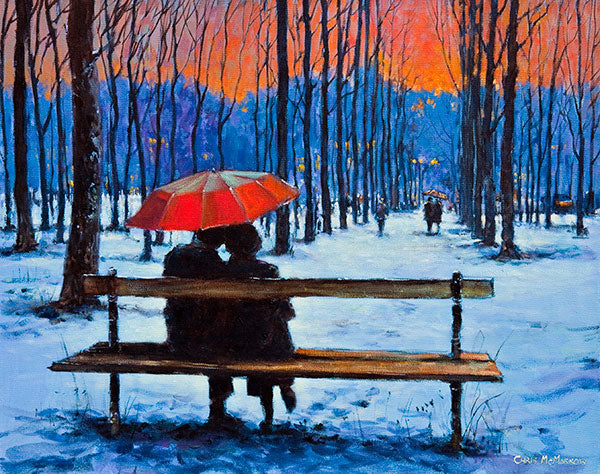 A painting of a couple sitting on a park bench under a red umbrella