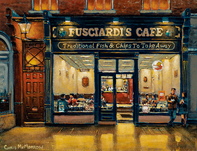 A painting of Fusciardi's cafe and chipper on Marlboro Street, Dublin city centre