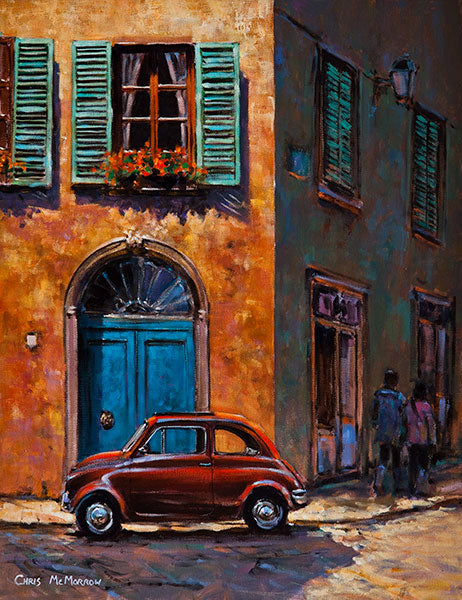A painting of a Fiat Cinquecento car on an Italian street