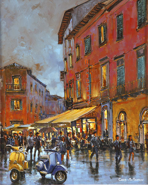 A painting of Vespa scooters in an Italian city