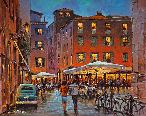 A painting of an Italian evening outdoors in the Piazza