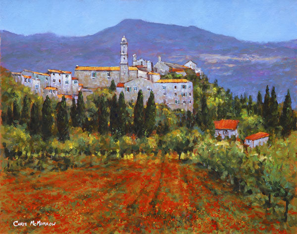 A painting of poppies sweeping towards a Tuscan Italian village