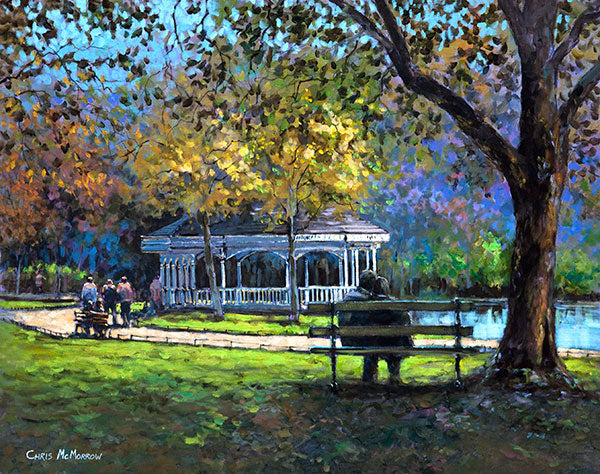 A painting of a couple sitting on a bench in Stephens Green, Dublin