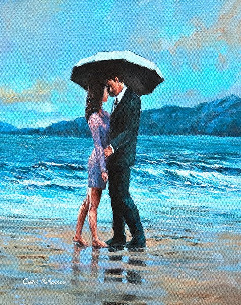 A painting of a couple embracing under an umbrella on a beach