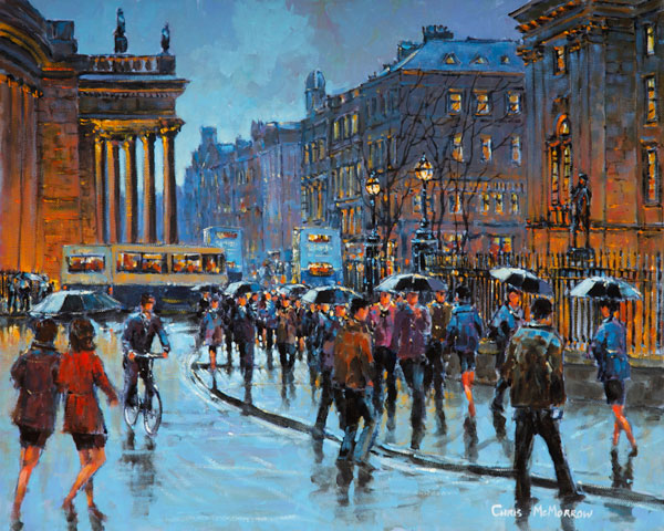 A painting of a rainy College Green, Dublin