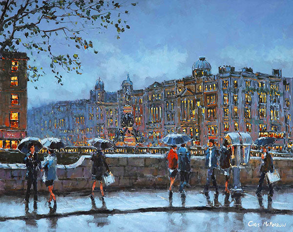 A painting of of a view towards O'Connell Bridge, Dublin