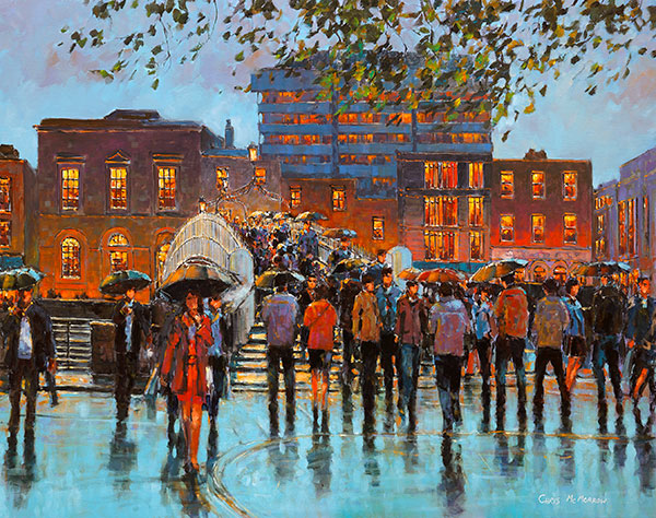 A vibrant acrylic painting of the Halfpenny Bridge from the North side of the quays at Liffey Street, Dublin, showing a crowd of people with umbrellas crossing from one side of the city to the other on this busy pedestrian bridge.