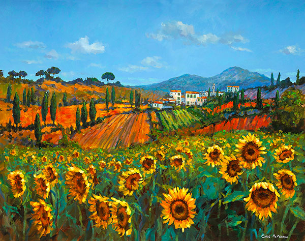 A painting of sunflowers in a Tuscan meadow in Italy