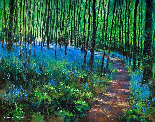 A landscape painting featuring bluebells in a woodland setting .