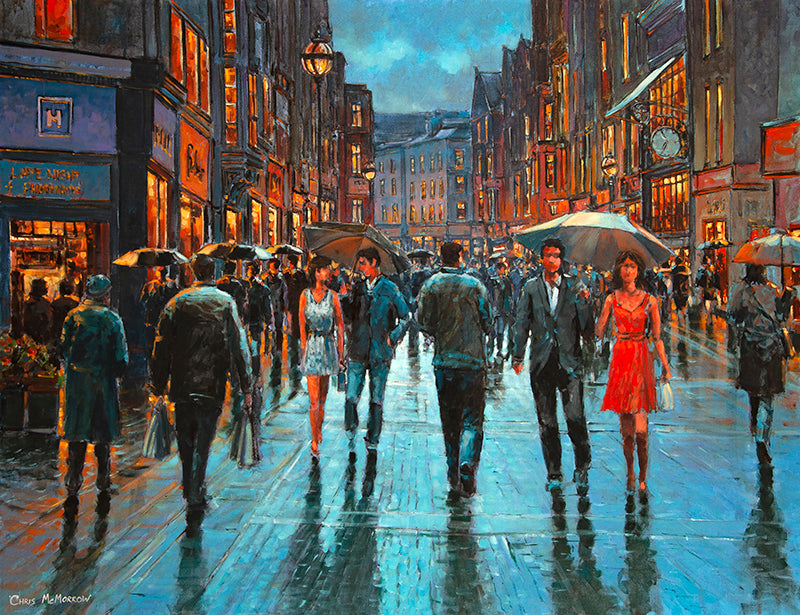 Painting of couple walking out on Grafton Street in the early evening, dressed in their finest