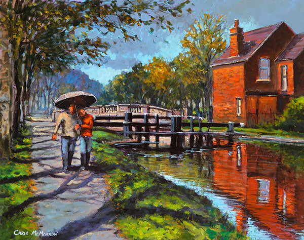 A painting of a couple walking under an umbrella by the canal