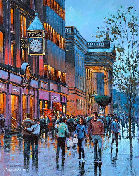 A painting of O'Connell Street near Easons Clock