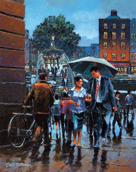 A painting of people walking under Merchants Arch