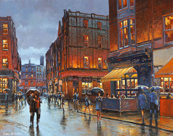 A painting of rainy reflections on South William Street