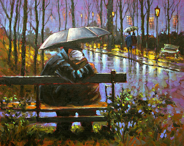 Park Lovers painting of a couple embracing on a park bench