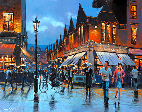 Out on the Town A painting of a couple walking hand in hand in town