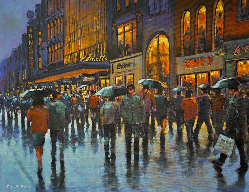 Painting of Arnotts store on Henry Street, Dublin on a busy shopping day 