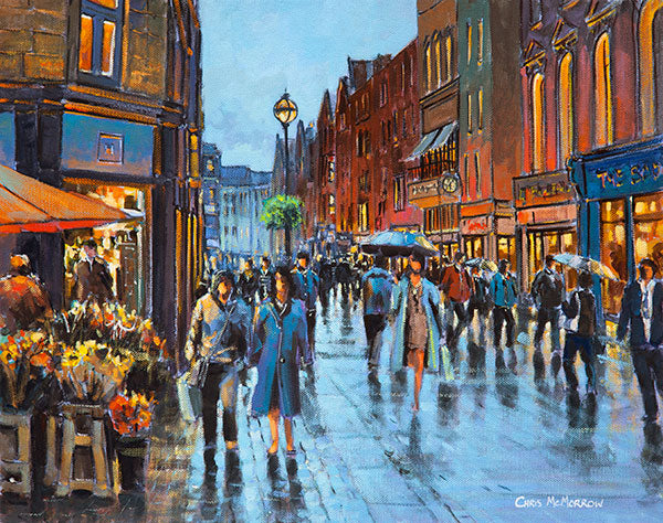 A painting of a crowded busy Grafton Street on a rainy Saturday afternoon in Dublin&#39;s city centre. On the left the flower sellers sell their wares safe from the rain under the orange awning canopy.