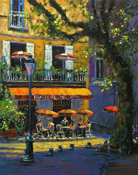 A painting of a cafe scene in Provence, France