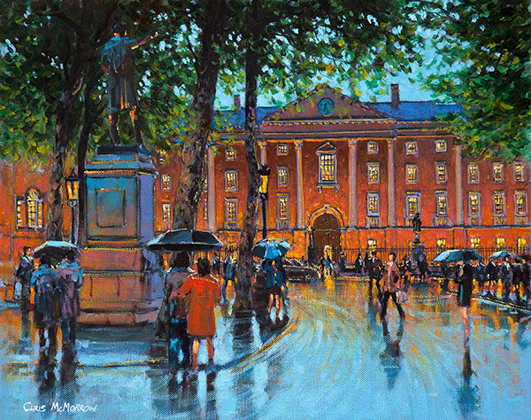 A painting of a couple sitting on the rocks looking out to sea