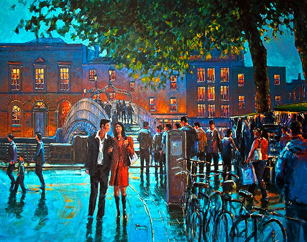 A painting of a couple walking on a Dublin street