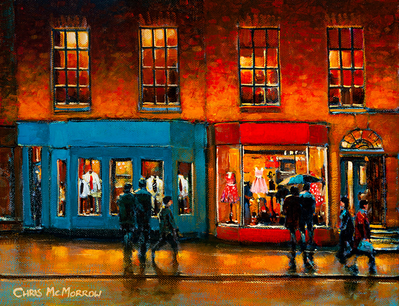 Painting of window shopping couples on Dawson Street, Dublin