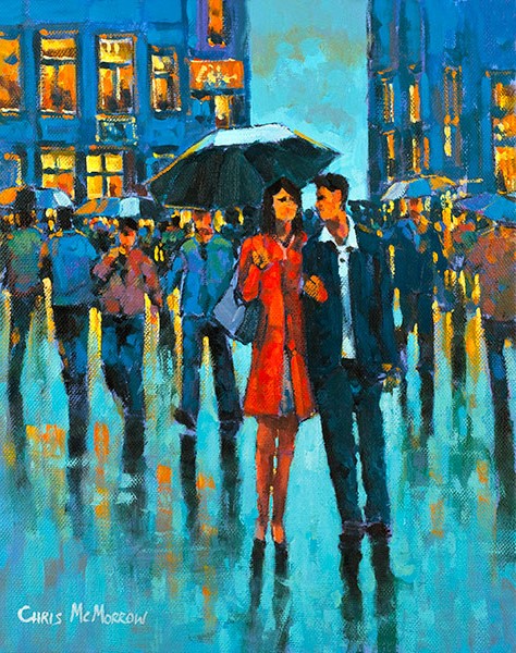 A painting of a couple under an umbrella in the city