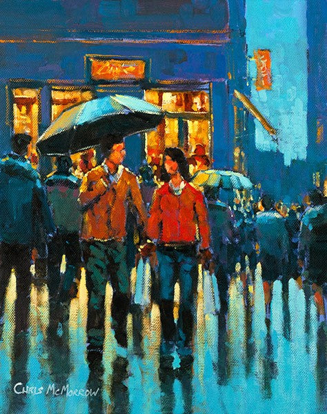 A painting of a couple walking in town heading for a coffee shop