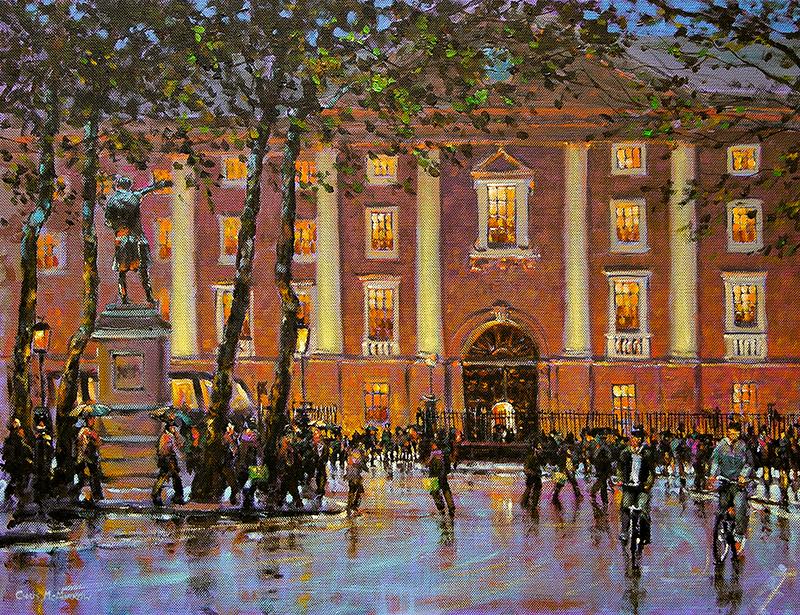 Painting view of the front facade of Trinity College and College Green