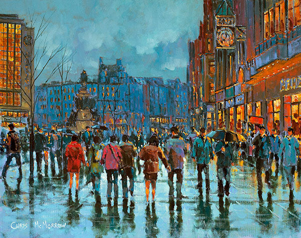 Painting of O&#39;Connell Street crowds in Dublin city centre in the evening