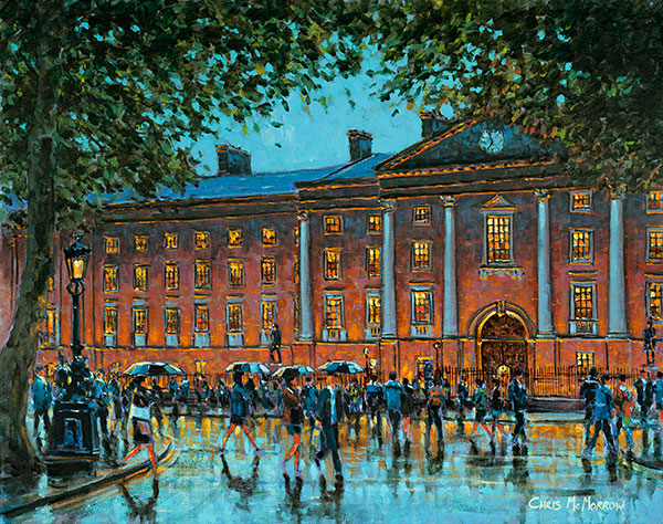 A painting of people strolling around Trinity College area
