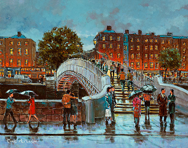 A painting of people crossing the Halfpenny Bridge