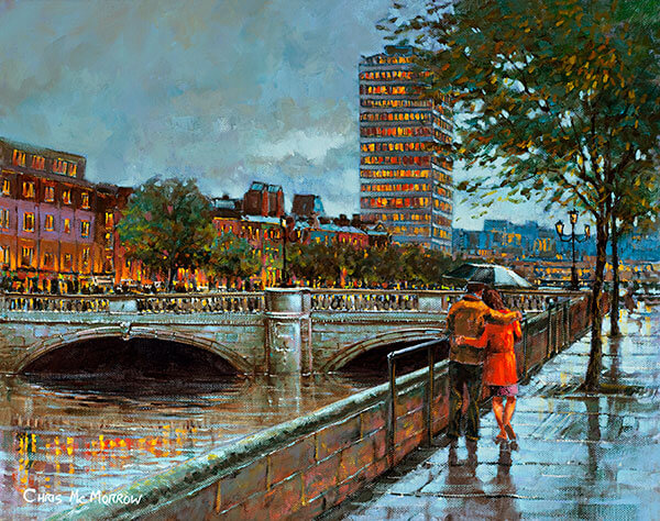 A painting of a couple take a romantic walk under an umbrella beside the River Liffey, Dublin
