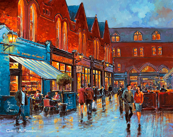 A painting of diners and people in Castlemarket
