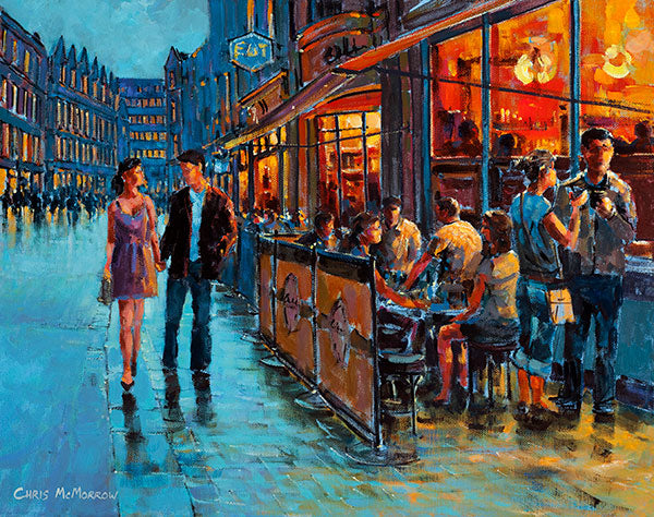 A painting of revellers on South Anne Street, Dublin