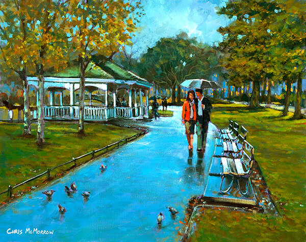 A painting of a romantic couple walking under an umbrella in Stephens Green, Dublin