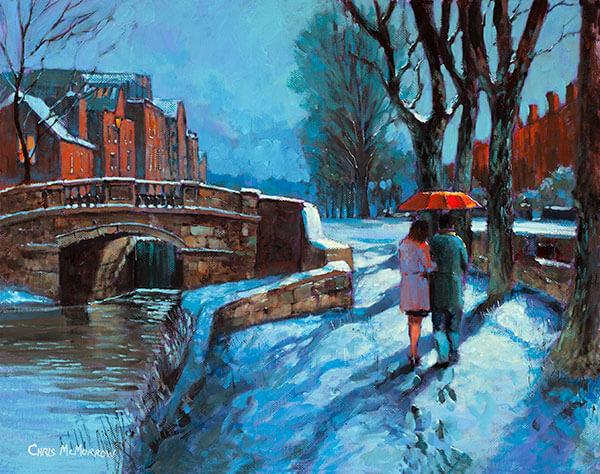 A painting of a romantic couple walking by the canal in the snow