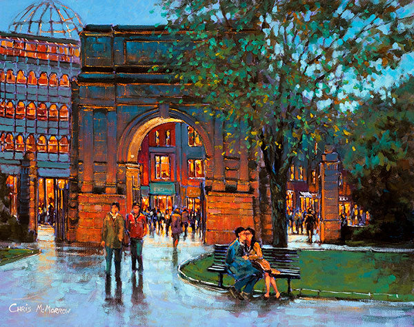 A painting of a young couple sitting embracing on a park bench