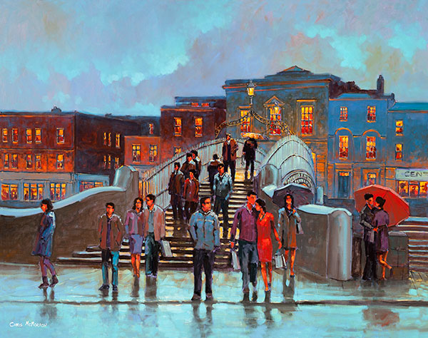 A painting of people crossing a bridge in Dublin city