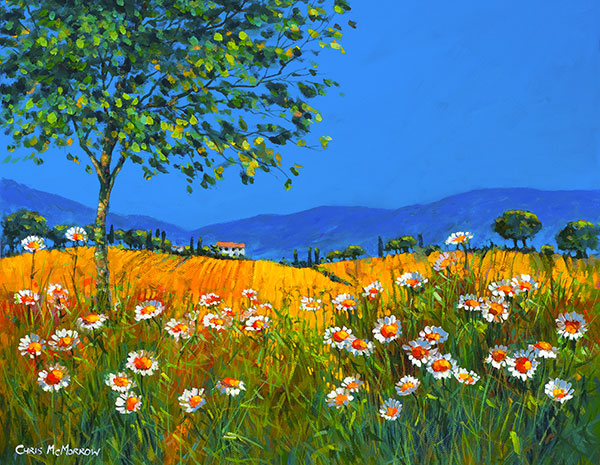 A painting of daisies in a field in Summer time in France