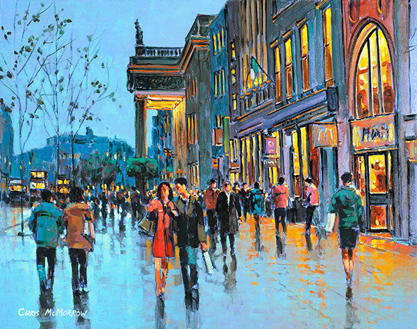 A painting of a couple walking together on O'Connell Street, Dublin