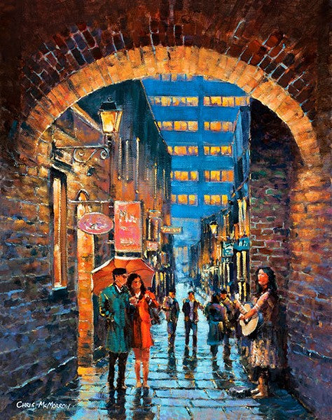 A painting of a busker playing at Merchants Arch, Dublin